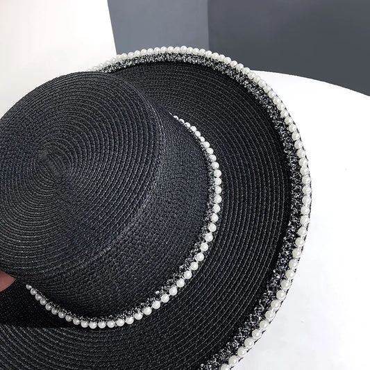 Summer Big Brim Sun Hat Women's French Fisherman Cap Fashion Pearl Chain Flat Cap Sunshade Sunscreen Straw Hats