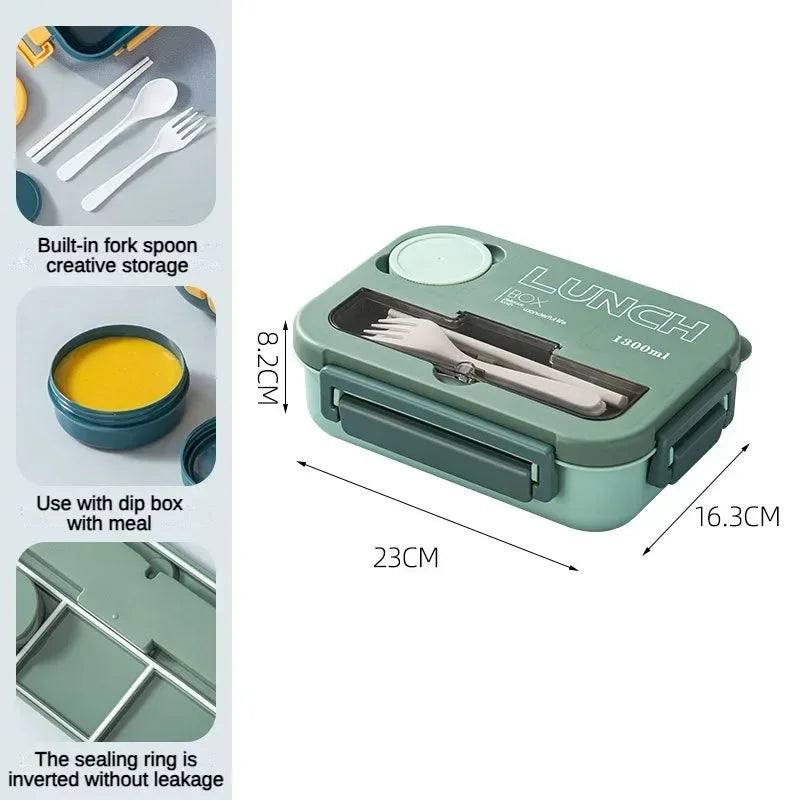 Compartment 1300ML Portable Lunch Box Kids Students Office Bento Box With Fork and Spoon Microwave Food Storage Container