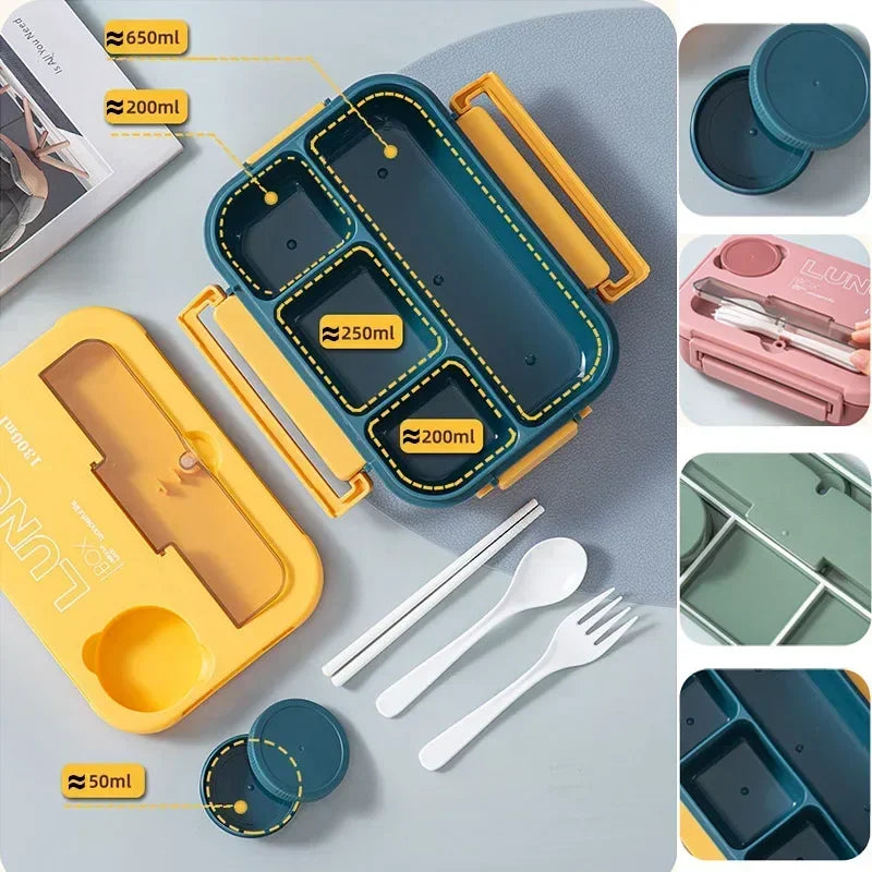 Compartment 1300ML Portable Lunch Box Kids Students Office Bento Box With Fork and Spoon Microwave Food Storage Container